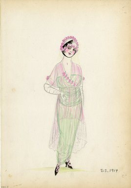 <em>"Day Dress, 1914. Green dress with sheer pink overlay with short sleeves; pink rose embellishments on sleeves and neckline; ankle length skirt with calf length overskirt; long white gloves and hat with black chin strap and pink flowers included; black heels included. (Bendel Collection, HB 006-03)"</em>, 1914. Fashion sketch, 12.25 x 8.5 in (31.1 x 21.6 cm). Brooklyn Museum, Fashion sketches. (Photo: Brooklyn Museum, SC01.1_Bendel_Collection_HB_006-03_1914_SL5.jpg