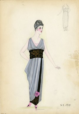 <em>"Day Dress, 1914. Silver dress with large black sash aound waist; gold embroidery on sash; sleeveless; pink flower and gold embroidery embellish hem; pleated skirt that tapers down from hips; pink heels included. (Bendel Collection, HB 006-04)"</em>, 1914. Fashion sketch, 12.25 x 8.5 in (31.1 x 21.6 cm). Brooklyn Museum, Fashion sketches. (Photo: Brooklyn Museum, SC01.1_Bendel_Collection_HB_006-04_1914_SL5.jpg