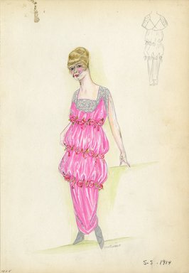 <em>"Day Dress, 1914. Pink and silver dress; fabric gathered around bodice and skirt creating a tierred silhouette; lace and silver beading on sleeves and front of bodice; ankle length tapered skirt; pink rose embellishments on each tier; silver heels included. (Bendel Collection, HB 006-05)"</em>, 1914. Fashion sketch, 12.25 x 8.5 in (31.1 x 21.6 cm). Brooklyn Museum, Fashion sketches. (Photo: Brooklyn Museum, SC01.1_Bendel_Collection_HB_006-05_1914_SL5.jpg