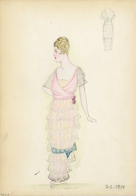 <em>"Day dress, 1914. Pink long dress with two gathered tiers decorated with roses; gathered waist with roses; sleeveless bodice with silver lace. (Bendel Collection, HB 006-06)"</em>, 1914. Fashion sketch, 12.25 x 8.5 in (31.1 x 21.6 cm). Brooklyn Museum, Fashion sketches. (Photo: Brooklyn Museum, SC01.1_Bendel_Collection_HB_006-06_1914_SL5.jpg