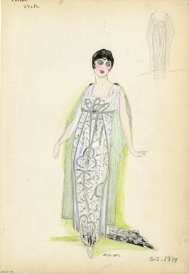 <em>"Evening dress, Callot Soeurs, 'Vesta', 1914. Long white dress with silver pattern and train; sheer sleeveless cape attached at shoulders. (Bendel Collection, HB 006-07)"</em>, 1914. Fashion sketch, 12.25 x 8.5 in (31.1 x 21.6 cm). Brooklyn Museum, Fashion sketches. (Photo: Brooklyn Museum, SC01.1_Bendel_Collection_HB_006-07_1914_Callot_SL5.jpg