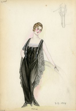 <em>"Evening dress, Callot Soeurs, 1914. Long black sleeveless dress; lace cape attached at shoulders; lace panel at bodice; beaded trim at shoulders. (Bendel Collection, HB 006-08)"</em>, 1914. Fashion sketch, 12.25 x 8.5 in (31.1 x 21.6 cm). Brooklyn Museum, Fashion sketches. (Photo: Brooklyn Museum, SC01.1_Bendel_Collection_HB_006-08_1914_Callot_SL5.jpg