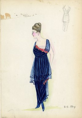 <em>"Evening dress, 1914. Long blue sleeveless dress overlayed with two layers of knee length sheer blue net; bodice is trimmed with diagonal row of roses. (Bendel Collection, HB 006-09)"</em>, 1914. Fashion sketch, 12.25 x 8.5 in (31.1 x 21.6 cm). Brooklyn Museum, Fashion sketches. (Photo: Brooklyn Museum, SC01.1_Bendel_Collection_HB_006-09_1914_SL5.jpg