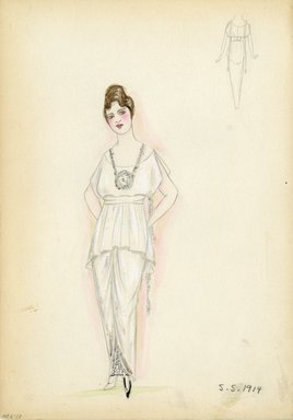 <em>"Evening dress, 1914. Long white dress with gathered peplum; slashed short sleeves; beaded tassels at side; large necklace. (Bendel Collection, HB 006-10)"</em>, 1914. Fashion sketch, 12.25 x 8.5 in (31.1 x 21.6 cm). Brooklyn Museum, Fashion sketches. (Photo: Brooklyn Museum, SC01.1_Bendel_Collection_HB_006-10_1914_SL5.jpg