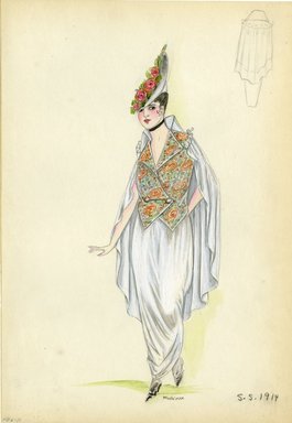 <em>"Day dress, 1914. Long white dress with attached cape; vest shaped bodice with floral design in red, green and bronze; hat with row of roses. (Bendel Collection, HB 006-11)"</em>, 1914. Fashion sketch, 12.25 x 8.5 in (31.1 x 21.6 cm). Brooklyn Museum, Fashion sketches. (Photo: Brooklyn Museum, SC01.1_Bendel_Collection_HB_006-11_1914_SL5.jpg