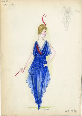 <em>"Evening dress, Callot Soeurs, 'Grand Amil', 1914. Long blue sleeveless dress; overlayed with sheer blue net; diagonal row of rows on bodice; red fan and red feather in hair. (Bendel Collection, HB 006-12)"</em>, 1914. Fashion sketch, 12.25 x 8.5 in (31.1 x 21.6 cm). Brooklyn Museum, Fashion sketches. (Photo: Brooklyn Museum, SC01.1_Bendel_Collection_HB_006-12_1914_Callot_SL5.jpg