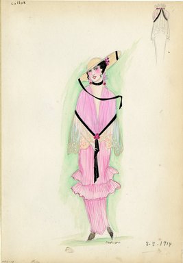 <em>"Day dress, Callot Soeurs, 1914. Long pink dress with two row of ruffles at knee; lace shawl trimmed with narrow black ribbon; wide brimmed hat trimmed with black ribbon. (Bendel Collection, HB 006-13)"</em>, 1914. Fashion sketch, 12.25 x 8.5 in (31.1 x 21.6 cm). Brooklyn Museum, Fashion sketches. (Photo: Brooklyn Museum, SC01.1_Bendel_Collection_HB_006-13_1914_Callot_SL5.jpg