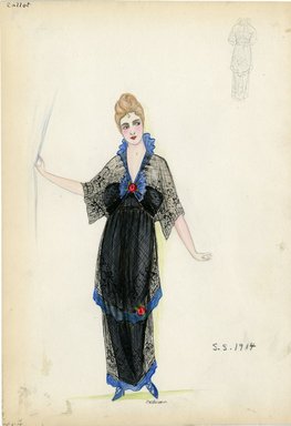 <em>"Dress, Callot Soeurs, 1914. Long black dress overlayed with two tiers of black net trimmed in blue; elbow length jacket in same black net with blue ruffled stand up collar. (Bendel Collection, HB 006-14)"</em>, 1914. Fashion sketch, 12.25 x 8.5 in (31.1 x 21.6 cm). Brooklyn Museum, Fashion sketches. (Photo: Brooklyn Museum, SC01.1_Bendel_Collection_HB_006-14_1914_Callot_SL5.jpg