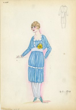 <em>"Day dress, Callot Soeurs, 1914. Knee length teal dress; trimmed in white ermine; long white underskirt; long sleeves with ermine trim at cuff. (Bendel Collection, HB 006-15)"</em>, 1914. Fashion sketch, 12.25 x 8.5 in (31.1 x 21.6 cm). Brooklyn Museum, Fashion sketches. (Photo: Brooklyn Museum, SC01.1_Bendel_Collection_HB_006-15_1914_Callot_SL5.jpg