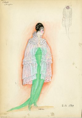 <em>"Evening dress, Callot Soeurs, 'Chrysis', 1914. Long green strapless dress with train; white net knee length cape with stand up ruffled collar. (Bendel Collection, HB 006-16)"</em>, 1914. Fashion sketch, 12.25 x 8.5 in (31.1 x 21.6 cm). Brooklyn Museum, Fashion sketches. (Photo: Brooklyn Museum, SC01.1_Bendel_Collection_HB_006-16_1914_Callot_SL5.jpg