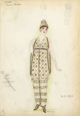 <em>"Frelinghuysen. Evening dress, Callot Soeurs, 'Marie Stella', 1914. Long light pink sleeveless dress; embroidered with gold and silver flowers and four rows of abstract pattern in gold and silver; gold and silver headband. (Bendel Collection, HB 006-17)"</em>, 1914. Fashion sketch, 12.25 x 8.5 in (31.1 x 21.6 cm). Brooklyn Museum, Fashion sketches. (Photo: Brooklyn Museum, SC01.1_Bendel_Collection_HB_006-17_1914_Callot_SL5.jpg