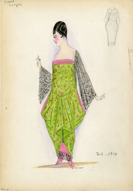 <em>"Evening dress, Callot Soeurs, 'Surgas', 1914. Long green dress with pattern of small leaves in pink and green; dropped waist; trimmed in pink at hips and bodice; underskirt in pink trimmed with black lace; long black lack sleeves. (Bendel Collection, HB 006-18)"</em>, 1914. Fashion sketch, 12.25 x 8.5 in (31.1 x 21.6 cm). Brooklyn Museum, Fashion sketches. (Photo: Brooklyn Museum, SC01.1_Bendel_Collection_HB_006-18_1914_Callot_SL5.jpg