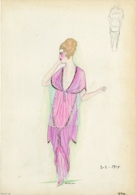 <em>"Dress, 1914. Long pink dress with sheer bodice and sleeves; dress trimmed in gold; white net shawl. (Bendel Collection, HB 006-19)"</em>, 1914. Fashion sketch, 12.25 x 8.5 in (31.1 x 21.6 cm). Brooklyn Museum, Fashion sketches. (Photo: Brooklyn Museum, SC01.1_Bendel_Collection_HB_006-19_1914_SL5.jpg