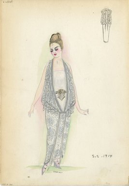 <em>"Evening dress, Callot Soeurs, 1914. Long silver and white dress; deep ruffles gathered under waist; white slip with belt and large decorative belt buckle; silver high heels. (Bendel Collection, HB 006-20)"</em>, 1914. Fashion sketch, 12.25 x 8.5 in (31.1 x 21.6 cm). Brooklyn Museum, Fashion sketches. (Photo: Brooklyn Museum, SC01.1_Bendel_Collection_HB_006-20_1914_Callot_SL5.jpg