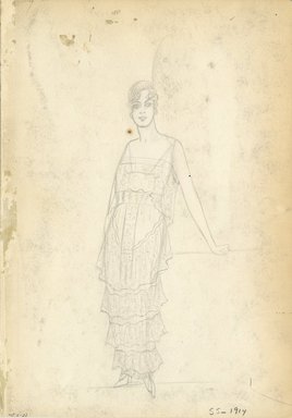 <em>"Evening dress, 1914. Long sleeveless dress with four layers; wide waistband; skirt bodice effect black velvet flower & jet ball trimming lace inset piece. (Bendel Collection, HB 006-21)"</em>, 1914. Fashion sketch, 12.25 x 8.5 in (31.1 x 21.6 cm). Brooklyn Museum, Fashion sketches. (Photo: Brooklyn Museum, SC01.1_Bendel_Collection_HB_006-21_1914_SL5.jpg