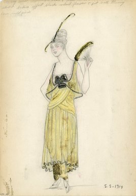 <em>"Evening dress, 1914. Long yellow sleeveless dress; draped bodice; sheer over bodice; skirt and bodice trimmed in black; black bow in front; yellow and black fan; headband with black feathers. (Bendel Collection, HB 006-22)"</em>, 1914. Fashion sketch, 12.25 x 8.5 in (31.1 x 21.6 cm). Brooklyn Museum, Fashion sketches. (Photo: Brooklyn Museum, SC01.1_Bendel_Collection_HB_006-22_1914_SL5.jpg