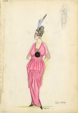 <em>"Dress, Chéruit, 1914. Long pink dress with draped skirt; sheer pink elbow length sleeves; wide waist sash; black rose on bodice. (Bendel Collection, HB 006-23)"</em>, 1914. Fashion sketch, 12.25 x 8.5 in (31.1 x 21.6 cm). Brooklyn Museum, Fashion sketches. (Photo: Brooklyn Museum, SC01.1_Bendel_Collection_HB_006-23_1914_Cheruit_SL5.jpg