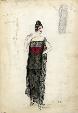 <em>"Evening dress, Jenny, 1914. Long black lace dress; red bodice; laced high heels. (Bendel Collection, HB 006-24)"</em>, 1914. Fashion sketch, 12.25 x 8.5 in (31.1 x 21.6 cm). Brooklyn Museum, Fashion sketches. (Photo: Brooklyn Museum, SC01.1_Bendel_Collection_HB_006-24_1914_Jenny_SL5.jpg