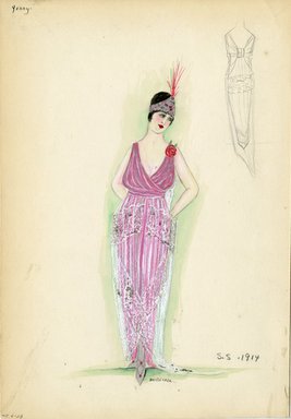 <em>"Evening dress, Jenny, 1914. Long pink sleeveless dress; sheer white lace over skirt; silver headband with feathers. (Bendel Collection, HB 006-28)"</em>, 1914. Fashion sketch, 12.25 x 8.5 in (31.1 x 21.6 cm). Brooklyn Museum, Fashion sketches. (Photo: Brooklyn Museum, SC01.1_Bendel_Collection_HB_006-28_1914_Jenny_SL5.jpg