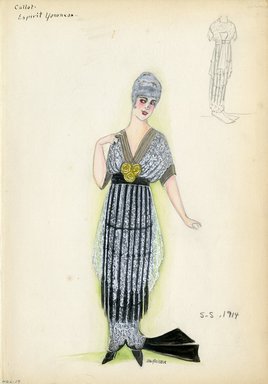 <em>"Evening dress, Callot Soeurs, 'Espirit Yorunear', 1914. Long white lace dress with long black tassels attached at waist; black under dress with split train; white lace bodice with v-neck front; elbow length sleeves. (Bendel Collection, HB 006-29)"</em>, 1914. Fashion sketch, 12.25 x 8.5 in (31.1 x 21.6 cm). Brooklyn Museum, Fashion sketches. (Photo: Brooklyn Museum, SC01.1_Bendel_Collection_HB_006-29_1914_Callot_SL5.jpg