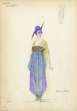 <em>"Evening dress, Callot Soeurs, 'Les Sylplus', 1914. Long dress with layers of sheer purple, blue and white fabric; high waist sash; sheer light green sleeves; purple hat with long feathers. (Bendel Collection, HB 006-30)"</em>, 1914. Fashion sketch, 12.25 x 8.5 in (31.1 x 21.6 cm). Brooklyn Museum, Fashion sketches. (Photo: Brooklyn Museum, SC01.1_Bendel_Collection_HB_006-30_1914_Callot_SL5.jpg