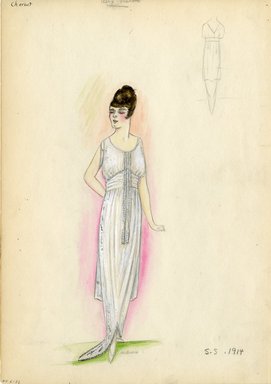 <em>"Evening dress, Chéruit, 1914. Long white sleeveless dress with train; two long tassels attached at neck hanging down front of dress. (Bendel Collection, HB 006-32)"</em>, 1914. Fashion sketch, 12.25 x 8.5 in (31.1 x 21.6 cm). Brooklyn Museum, Fashion sketches. (Photo: Brooklyn Museum, SC01.1_Bendel_Collection_HB_006-32_1914_Cheruit_SL5.jpg