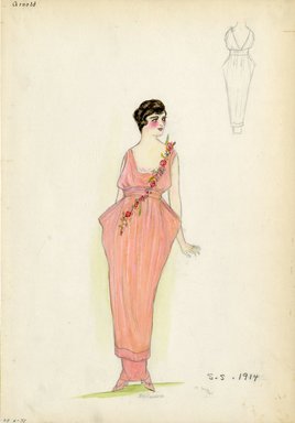 <em>"Evening dress, Arnold, 1914. Long light orange sleeveless dress with wide draped fabric at hips; diagonal row of roses attached at shoulder down front of dress. (Bendel Collection, HB 006-33)"</em>, 1914. Fashion sketch, 12.25 x 8.5 in (31.1 x 21.6 cm). Brooklyn Museum, Fashion sketches. (Photo: Brooklyn Museum, SC01.1_Bendel_Collection_HB_006-33_1914_Arnold_SL5.jpg