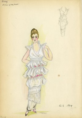 <em>"uded. Evening dress, Buloz, 'Dance of the Pope', 1914. Long white sleeveless dress with 3 rows of ruffles and gathered skirt; bodice with ruffled edge at shoulders and stand up collar; small roses attached under ruffles on skirt; front view included. (Bendel Collection, HB 006-34)"</em>, 1914. Fashion sketch, 12.25 x 8.5 in (31.1 x 21.6 cm). Brooklyn Museum, Fashion sketches. (Photo: Brooklyn Museum, SC01.1_Bendel_Collection_HB_006-34_1914_Bulloz_SL5.jpg