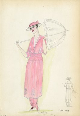 <em>"Day dress, 1914. Long pink dress with leaf design in white along hem and on bodice; brimmed hat with pink ribbon; large umbrella with same leaf design as on dress. (Bendel Collection, HB 006-35)"</em>, 1914. Fashion sketch, 12.25 x 8.5 in (31.1 x 21.6 cm). Brooklyn Museum, Fashion sketches. (Photo: Brooklyn Museum, SC01.1_Bendel_Collection_HB_006-35_1914_SL5.jpg