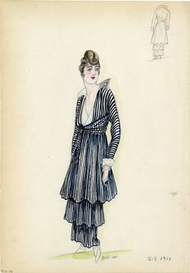 <em>"Day dress, 1914. Long black and white striped dress with 3 tiers; long sleeved bodice ties at the waist; white under blouse; large collar; white cuffs. (Bendel Collection, HB 006-36)"</em>, 1914. Fashion sketch, 12.25 x 8.5 in (31.1 x 21.6 cm). Brooklyn Museum, Fashion sketches. (Photo: Brooklyn Museum, SC01.1_Bendel_Collection_HB_006-36_1914_SL5.jpg