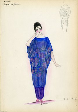 <em>"ed. Evening dress, Callot Soeurs, 'Feleur de Japon', 1914. Long purple dress with sheer blue tunic and draped sleeves; floral design on tunic in pink white and green. (Bendel Collection, HB 006-37)"</em>, 1914. Fashion sketch, 12.25 x 8.5 in (31.1 x 21.6 cm). Brooklyn Museum, Fashion sketches. (Photo: Brooklyn Museum, SC01.1_Bendel_Collection_HB_006-37_1914_Callot_SL5.jpg