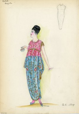 <em>"Evening dress, Callot Soeurs, 'Psyche', 1914. Long blue dress with pink short sleeved bodice; all over pattern in gold with pink; draped skirt held with gold tassels; hem trimmed with gold ribbon; jeweled high waistband. (Bendel Collection, HB 006-38)"</em>, 1914. Fashion sketch, 12.25 x 8.5 in (31.1 x 21.6 cm). Brooklyn Museum, Fashion sketches. (Photo: Brooklyn Museum, SC01.1_Bendel_Collection_HB_006-38_1914_Callot_SL5.jpg