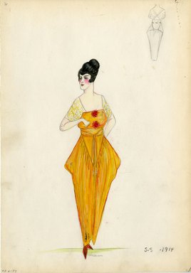 <em>"Evening dress, 1914. Long orange dress with with wide gathers at hips and tapered skirt; wide orange sash at waist; sheer yellow short sleeves. (Bendel Collection, HB 006-39)"</em>, 1914. Fashion sketch, 12.25 x 8.5 in (31.1 x 21.6 cm). Brooklyn Museum, Fashion sketches. (Photo: Brooklyn Museum, SC01.1_Bendel_Collection_HB_006-39_1914_SL5.jpg