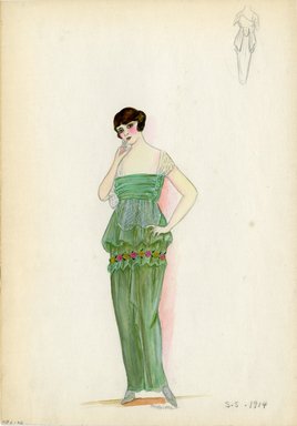 <em>"Evening dress, 1914. Long green strapless dress; gathered skirt with horizontal band of roses; sheer white lace or net short sleeves. (Bendel Collection, HB 006-42)"</em>, 1914. Fashion sketch, 12.25 x 8.5 in (31.1 x 21.6 cm). Brooklyn Museum, Fashion sketches. (Photo: Brooklyn Museum, SC01.1_Bendel_Collection_HB_006-42_1914_SL5.jpg