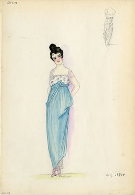 <em>"Evening dress, Arnold, 1914. Light blue long dress with diagonal drape of flat pleats; white bodice with pattern of tiny flowers; sheer white short sleeves. (Bendel Collection, HB 006-43)"</em>, 1914. Fashion sketch, 12.25 x 8.5 in (31.1 x 21.6 cm). Brooklyn Museum, Fashion sketches. (Photo: Brooklyn Museum, SC01.1_Bendel_Collection_HB_006-43_1914_Arnold_SL5.jpg