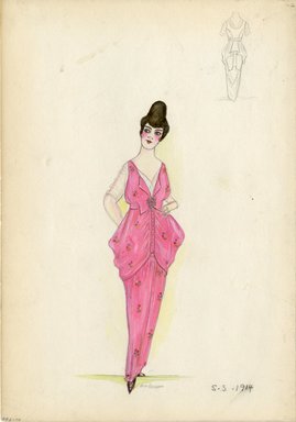 <em>"Dress, 1914. Long pink sleeveless dress with pattern of tiny floral sprigs in red, white and green; skirt draped at hips; white under blouse with elbow length sleeves. (Bendel Collection, HB 006-44)"</em>, 1914. Fashion sketch, 12.25 x 8.5 in (31.1 x 21.6 cm). Brooklyn Museum, Fashion sketches. (Photo: Brooklyn Museum, SC01.1_Bendel_Collection_HB_006-44_1914_SL5.jpg