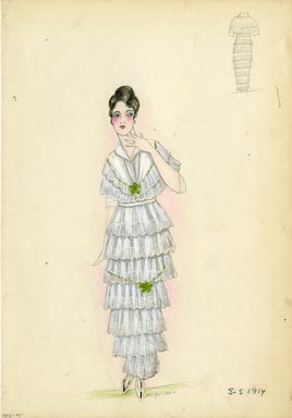 <em>"Day dress, 1914. Long white dress with seven tiers of ruffles trimmed with white lace; bodice with two rows of ruffles; green flower at front of bodice and on skirt. (Bendel Collection, HB 006-45)"</em>, 1914. Fashion sketch, 12.25 x 8.5 in (31.1 x 21.6 cm). Brooklyn Museum, Fashion sketches. (Photo: Brooklyn Museum, SC01.1_Bendel_Collection_HB_006-45_1914_SL5.jpg