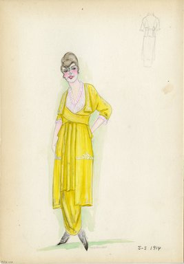 <em>"Day dress, 1914. 3/4 length yellow dress with long under skirt; 3/4 length sleeves trimmed with white lace or net; white net bodice. (Bendel Collection, HB 006-46)"</em>, 1914. Fashion sketch, 12.25 x 8.5 in (31.1 x 21.6 cm). Brooklyn Museum, Fashion sketches. (Photo: Brooklyn Museum, SC01.1_Bendel_Collection_HB_006-46_1914_SL5.jpg