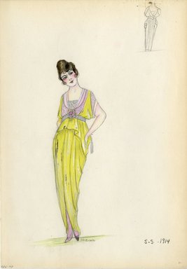 <em>"Dress, 1914. Light green long dress; draped bodice hip length; pink lace on bodice and sleeves; silver belt at waist with small bouquet of roses attached in front. (Bendel Collection, HN 006-47)"</em>, 1914. Fashion sketch, 12.25 x 8.5 in (31.1 x 21.6 cm). Brooklyn Museum, Fashion sketches. (Photo: Brooklyn Museum, SC01.1_Bendel_Collection_HB_006-47_1914_SL5.jpg