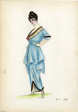 <em>"Day dress, 1914. Long blue dress with short over skirt; deep v-neck bodice, hem and sleeve trimmed with brown fur. (Bendel Collection, HB 006-48)"</em>, 1914. Fashion sketch, 12.25 x 8.5 in (31.1 x 21.6 cm). Brooklyn Museum, Fashion sketches. (Photo: Brooklyn Museum, SC01.1_Bendel_Collection_HB_006-48_1914_SL5.jpg