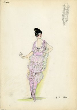 <em>"Dress, Chéruit, 1914. Long pink dress with three tiers of sheer pink fabric with white and silver pattern; short sleeves; large bow on front of v-neck bodice. (Bendel Collection, HB 006-49)"</em>, 1914. Fashion sketch, 12.25 x 8.5 in (31.1 x 21.6 cm). Brooklyn Museum, Fashion sketches. (Photo: Brooklyn Museum, SC01.1_Bendel_Collection_HB_006-49_1914_Cheruit_SL5.jpg