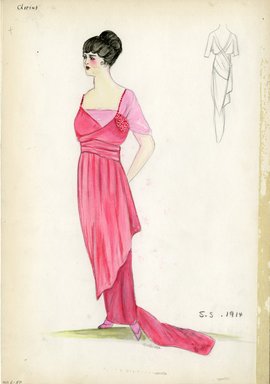 <em>"Evening dress, Chéruit, 1914. Long red dress with long underskirt and train; sheer red sleeves trimmed with red beads; wide red waist sash. (Bendel Collection, HB 006-50)"</em>, 1914. Fashion sketch, 12.25 x 8.5 in (31.1 x 21.6 cm). Brooklyn Museum, Fashion sketches. (Photo: Brooklyn Museum, SC01.1_Bendel_Collection_HB_006-50_1914_Cheruit_SL5.jpg