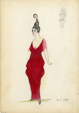 <em>"Evening dress, 1914. Long red dress with draped skirt; red underskirt; sheer short red sleeves. (Bendel Collection, HB 006-52)"</em>, 1914. Fashion sketch, 12.25 x 8.5 in (31.1 x 21.6 cm). Brooklyn Museum, Fashion sketches. (Photo: Brooklyn Museum, SC01.1_Bendel_Collection_HB_006-52_1914_SL5.jpg