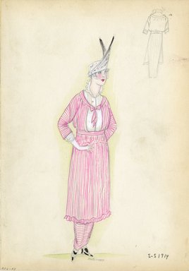 <em>"Day dress, 1914. Long red and white striped dress with underskirt; three-quarter length sleeves; white blouse with high ruffled collar; white hat with veil and two tall feathers. (Bendel Collection, HB 006-53)"</em>, 1914. Fashion sketch, 12.25 x 8.5 in (31.1 x 21.6 cm). Brooklyn Museum, Fashion sketches. (Photo: Brooklyn Museum, SC01.1_Bendel_Collection_HB_006-53_1914_SL5.jpg