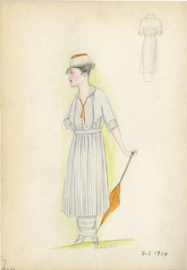 <em>"Day dress, 1914. Long white shirtwaist dress with under skirt; elbow length sleeves; flat collar with orange ties; white hat with orange top; orange umbrella. (Bendel Collection, HB 006-54)"</em>, 1914. Fashion sketch, 12.25 x 8.5 in (31.1 x 21.6 cm). Brooklyn Museum, Fashion sketches. (Photo: Brooklyn Museum, SC01.1_Bendel_Collection_HB_006-54_1914_SL5.jpg