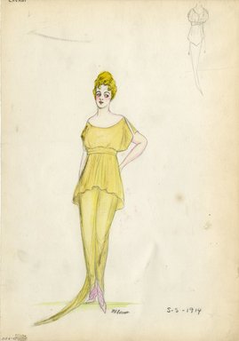 <em>"Evening dress, Cheriut, 1914. Long yellow evening dress; long draped bodice with slashed short sleeves; waist sash; train; pink high heels laced. (Bendel Collection, HB 006-55)"</em>, 1914. Fashion sketch, 12.25 x 8.5 in (31.1 x 21.6 cm). Brooklyn Museum, Fashion sketches. (Photo: Brooklyn Museum, SC01.1_Bendel_Collection_HB_006-55_1914_Cheruit_SL5.jpg