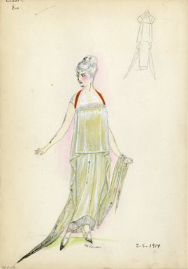 <em>"Evening dress, Callot, 'Eve', 1914. Long light green dress; bodice with extended side points forming side trains; red strap at shoulder; net underskirt. (Bendel Collection, HB 006-56)"</em>, 1914. Fashion sketch, 12.25 x 8.5 in (31.1 x 21.6 cm). Brooklyn Museum, Fashion sketches. (Photo: Brooklyn Museum, SC01.1_Bendel_Collection_HB_006-56_1914_Callot_SL5.jpg