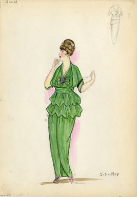 <em>"Evening dress, Arnold, 1914. Long green dress; bodice with double peplum; elbow length sleeves; v-neck with bow in front. (Bendel Collection 006-57)"</em>, 1914. Fashion sketch, 12.25 x 8.5 in (31.1 x 21.6 cm). Brooklyn Museum, Fashion sketches. (Photo: Brooklyn Museum, SC01.1_Bendel_Collection_HB_006-57_1914_Arnold_SL5.jpg