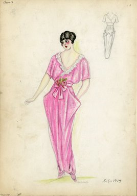 <em>"Dress, Arnold, 1914. Long pink dress; draped skirt; low v-neck bodice trimmed in white; short sleeves; pink waist sash with two roses. (Bendel Collection, HB 006-58)"</em>, 1914. Fashion sketch, 12.25 x 8.5 in (31.1 x 21.6 cm). Brooklyn Museum, Fashion sketches. (Photo: Brooklyn Museum, SC01.1_Bendel_Collection_HB_006-58_1914_Arnold_SL5.jpg