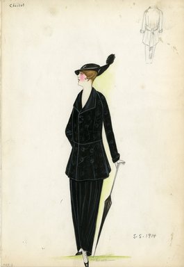 <em>"Dress, Cheruit, 1914. Long black dress with hip length black jacket; black shoes with white buttoned spats; black hat with feather; umbrella. (Bendel Collection, HB 007-03)"</em>, 1914. Fashion sketch, 12.25 x 8.5 in (31.1 x 21.6 cm). Brooklyn Museum, Fashion sketches. (Photo: Brooklyn Museum, SC01.1_Bendel_Collection_HB_007-03_1914_Cheruit_SL5.jpg